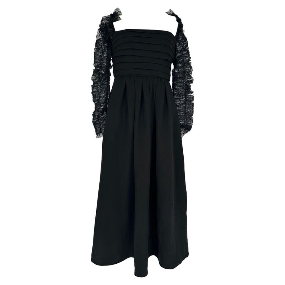 Self-Portrait  Dot Mesh Sleeved Midi Dress in Black Polyester